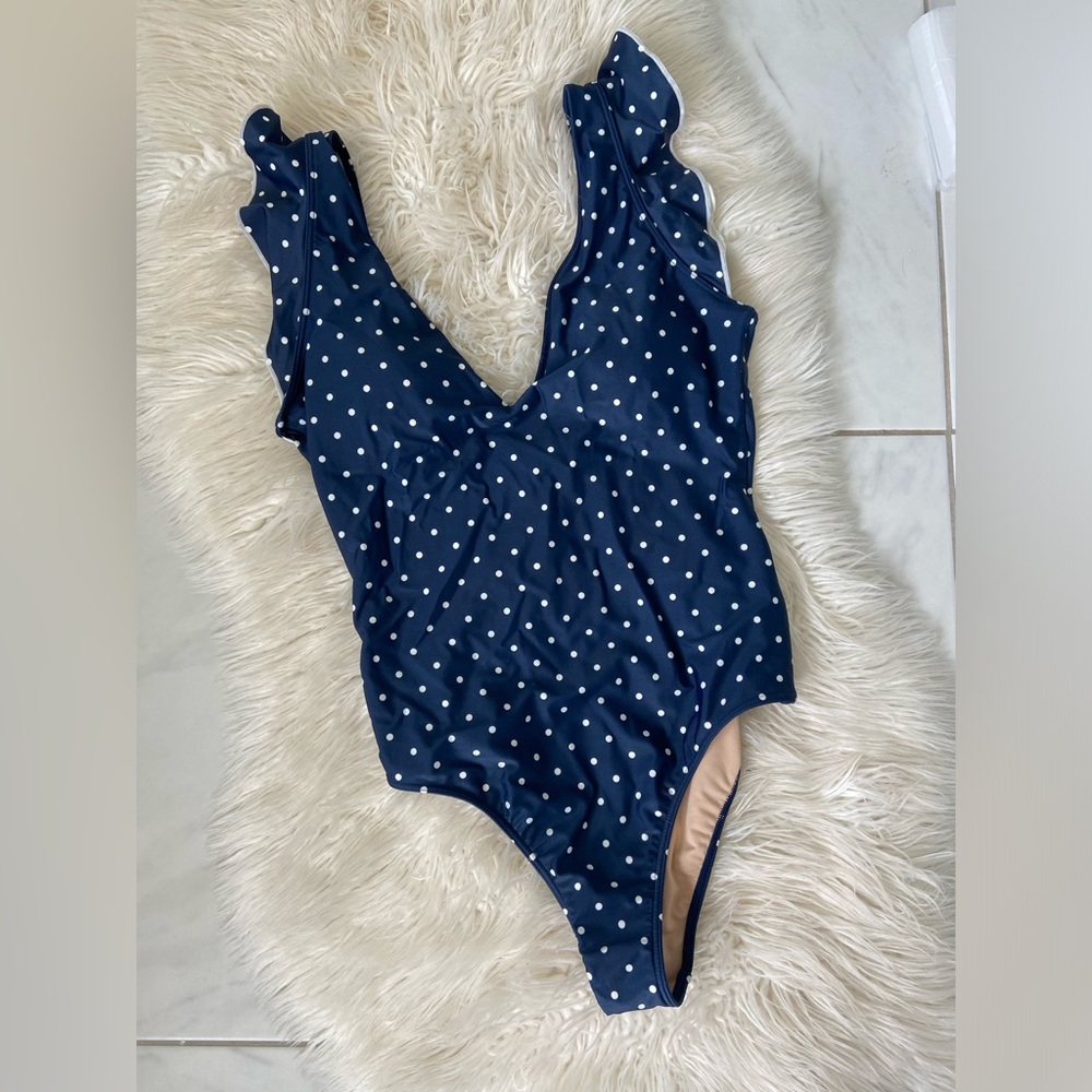 Summersalt The Ruffle Backflip One Piece Swimsuit On Pointe Navy Polka SZ 8